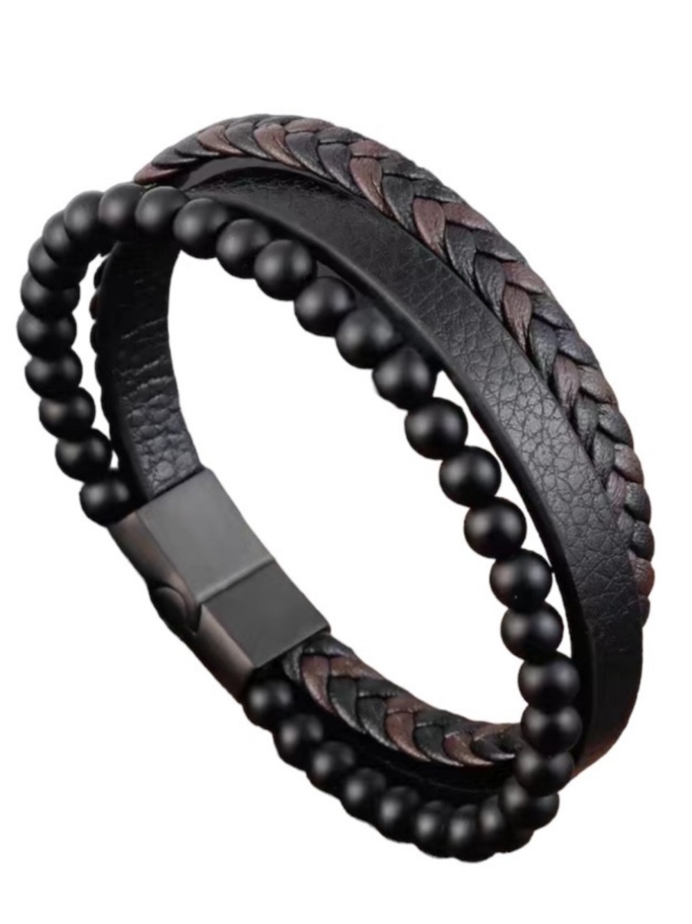 Men’s Black & Brown Leather Multi Layer Beaded Bracelet